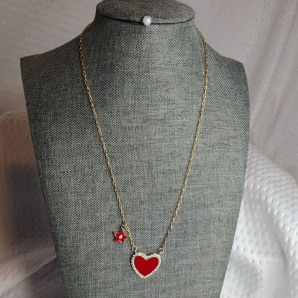 Edy's Gold Heart Pendant Necklace with Red Accents, Accent Star